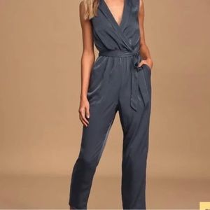 Lulus Love Like That Washed Navy Blue Satin Sleeveless Jumpsuit
